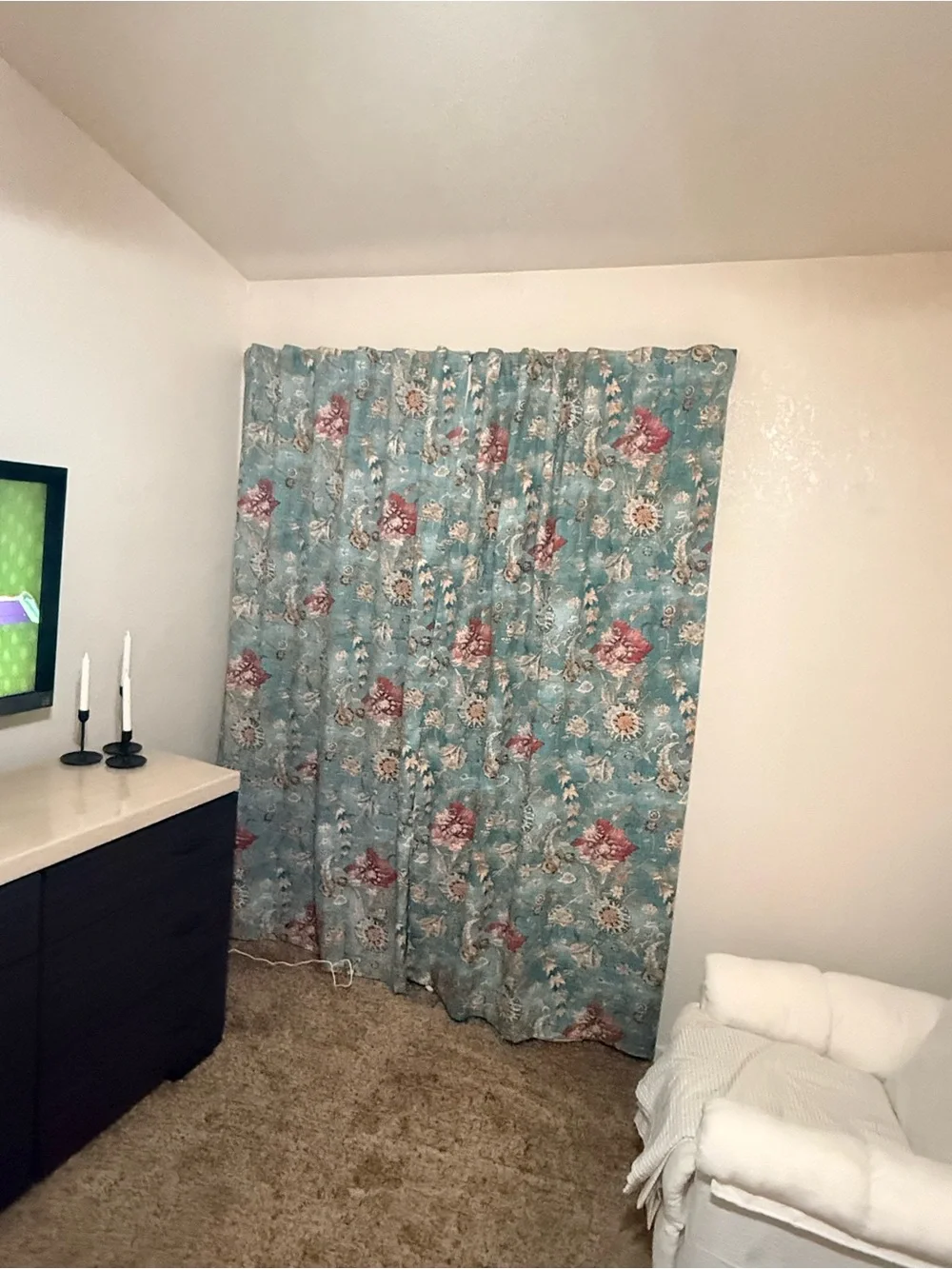 Cost Plus World Market Blue Floral Curtain Panel with Red & Cream Accents